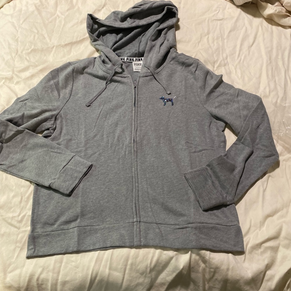 PINK Victoria's Secret Gray Hoodie with Blue/Purple Sequin Logo - Picture 2 of 5